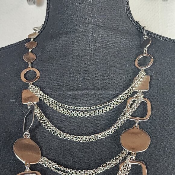 Chico's Vtg Sliver Tone Circle Square Chunky Layered Bib Statement 19" Necklace - Picture 5 of 16